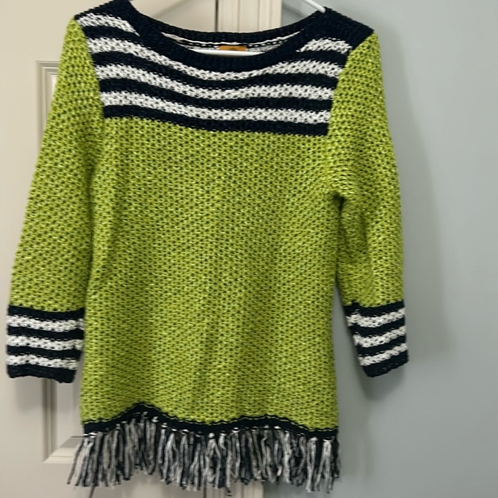 🎉H P 🎉 VTG  Ruby  Rd Petite Sweater with Fringe Lime/Navy/White PM